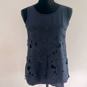 Ann Taylor Navy Blue Floral Embroidered Top